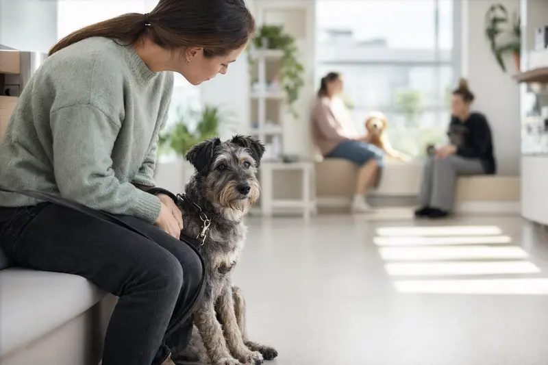 Ein Mittelschnauzer sitzt ruhig neben seinem Besitzer im hellen Wartezimmer einer modernen Tierarztpraxis.